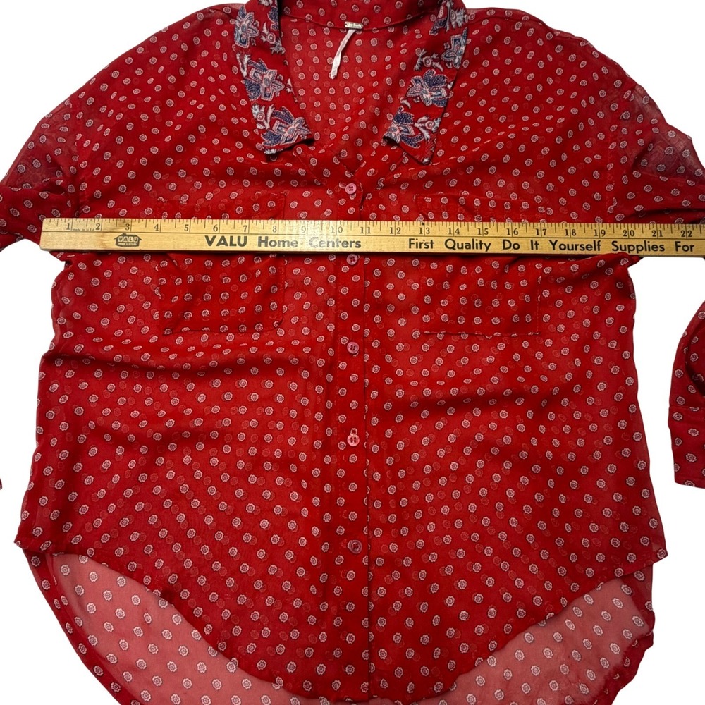 Free People Button Down Red Floral Medallion Sheer Shirt Paisley XS Boho - Picture 6 of 7
